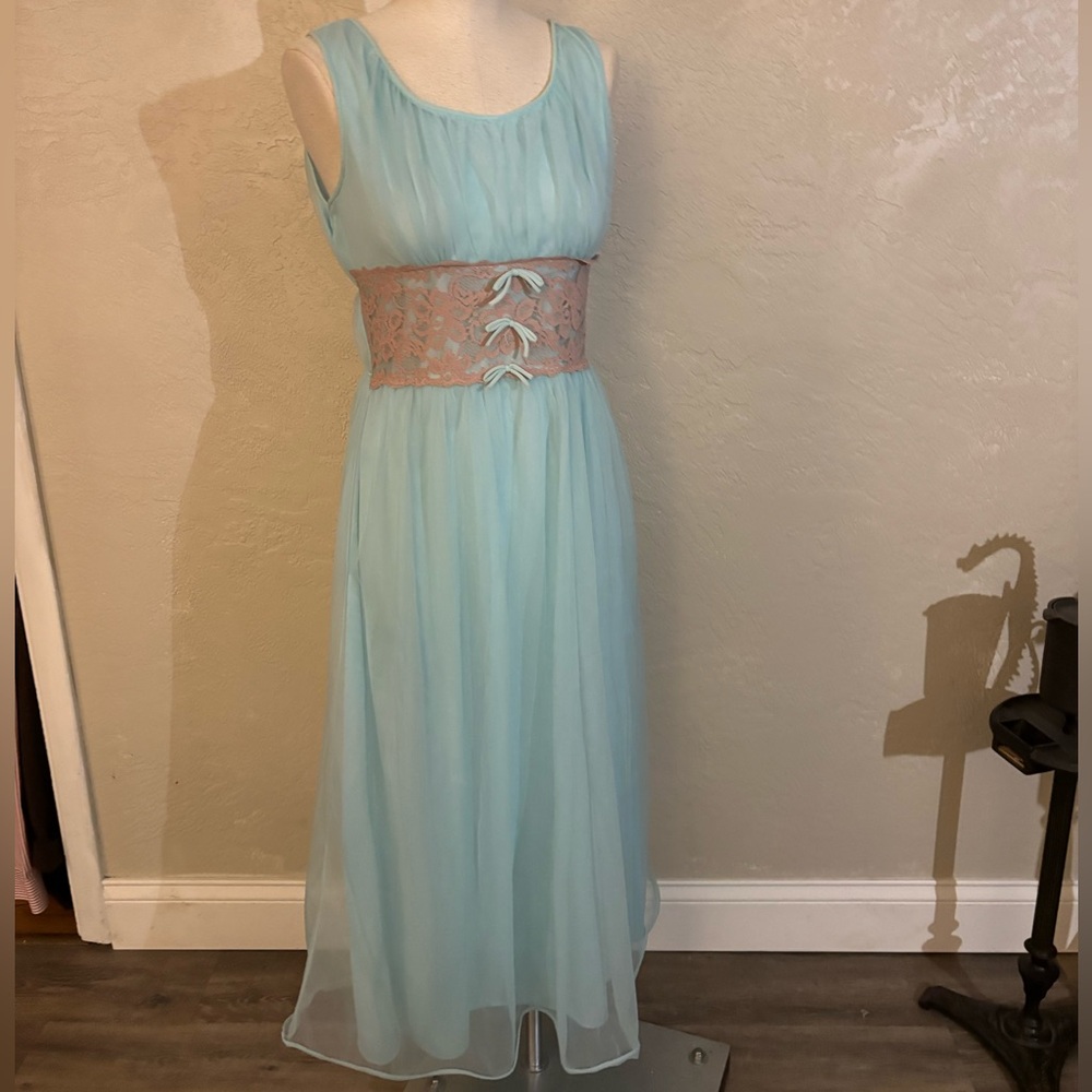 Women's Vintage Avian Light Blue Sleeveless Chiffon Nightgown Lace Sz M/L